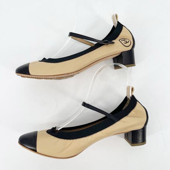 Chanel Retro y2k Beige & Black CC Cap Toe Leather Mary Jane Strap Heels EU 38.5 - Picture 5 of 12